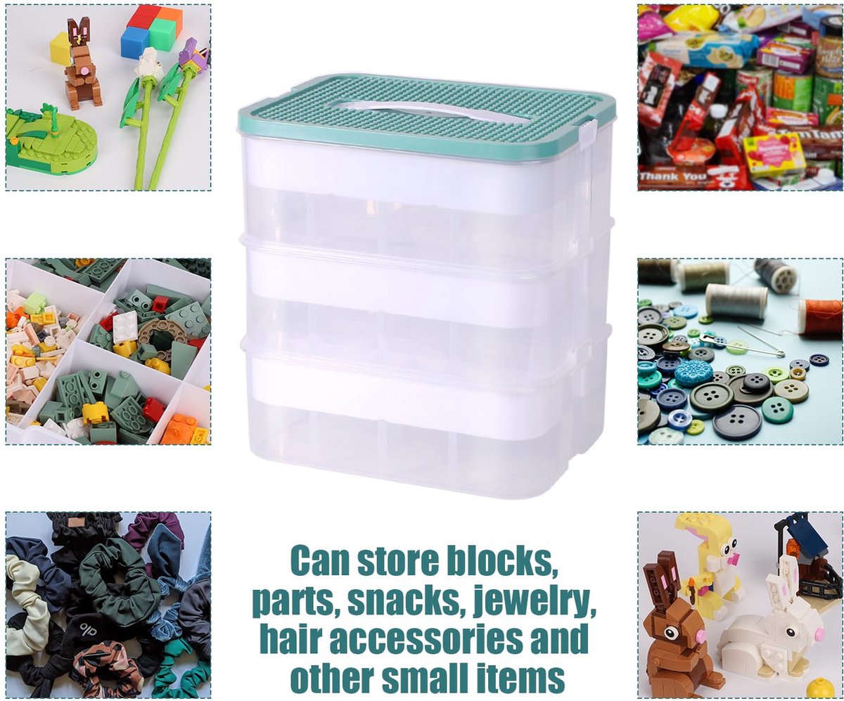 Opbergdoos voor speelgoed, organizer voor Lego, 3-laags, stapelbaar, bouwstenen-container, onderverdeeld, baksteen, puzzel-sorteerder, speelgoedsorteerdoos, opbergcontainer (olijfgroen)