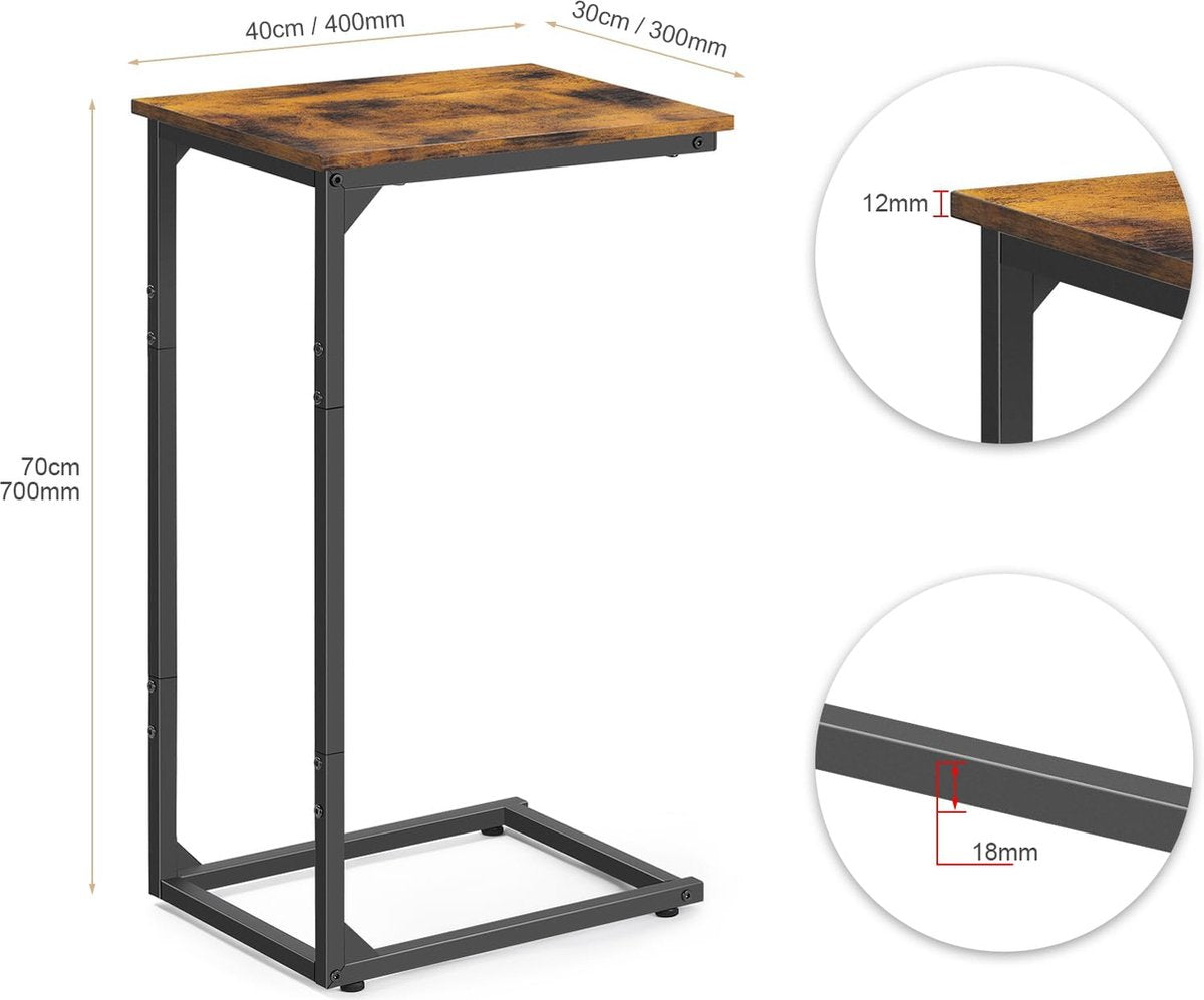 Bijzettafel voor bank, hoge slanke bijzettafel voor bank en bed, verstelbare hoogte en metalen frame, salontafel, salontafel, nachtkastje voor woonkamer, slaapkamer (bruin, hoogte 70 cm)