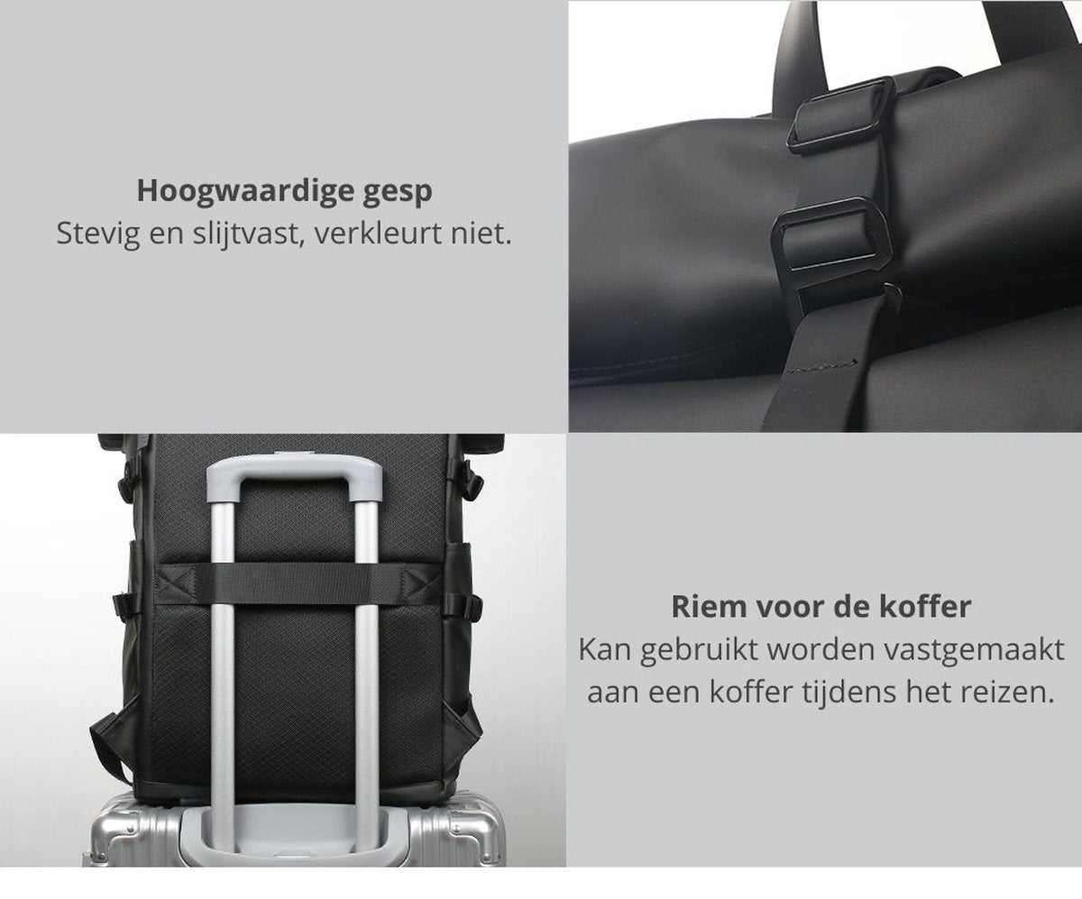 Avoir Avoir® Rolltop Rugzak - Dames en Heren - Waterdicht - Laptoptas 15,6 Inch - 40 Liter Rugtas - Verstelbare Reistas - Backpack Rugzak Zwart