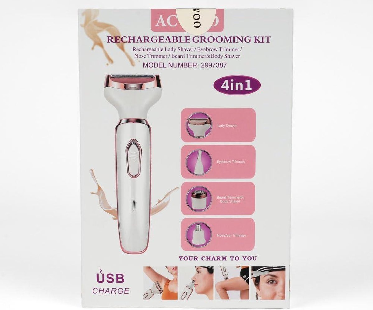 Ladyshave draadloos 4-in-1 elektrisch scheerapparaat voor dames - oplaadbaar - pijnloos - bikinitrimmer - nat en droog - ontharen voor gezicht - benen - oksels - neus- en wenkbrauwscheerapparaat vrouw