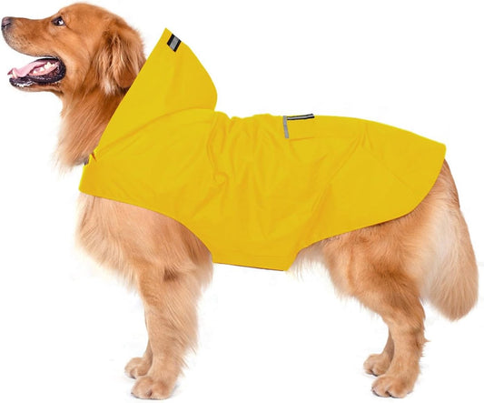 Dog Raincoat with Hood, Collar Hole and Safe Reflective Strips, Ultralight, Breathable, 100% Waterproof Rain Jacket for Medium to Large Dogs, Yellow, 4XL