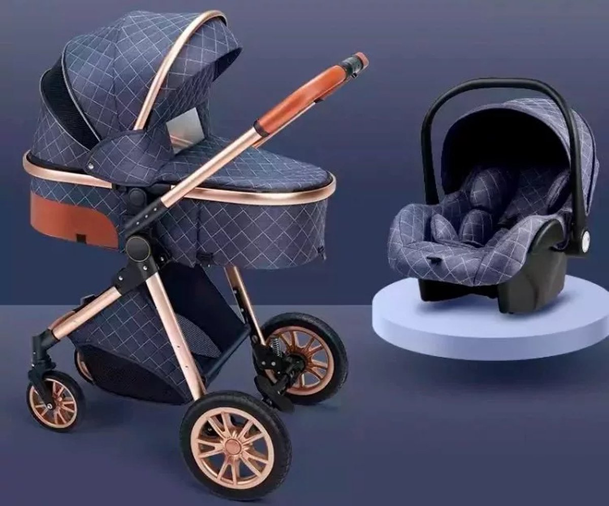 Luxe Multifunctionele 3-in-1 Combikinderwagen - Kwalitatieve Buggy - Opvouwbare Wandelwagen - Maxi Cosi stijl - Incl. Autostoel - Blauw