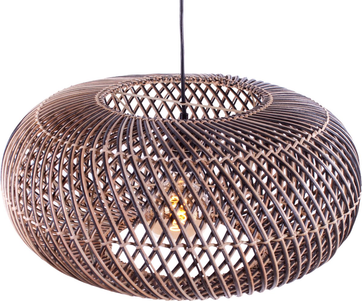 Rattan pendant lamp Stripes | 1-light | black / natural | rattan / metal | Ø 40 cm | height adjustable up to 140 cm | dining room / dining table / living room lamp | modern / rustic design