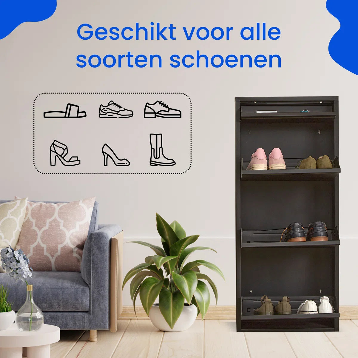 VEEHAUSÂ® - Graham - Praktisch schoenenrek - schoenenrek zwart - schoenenrek met 3 niveaus - extra niveau - schoenenkast zwart - schoenenrek metaal industrieel - metaal - 50 x 114 x 15cm -zwart