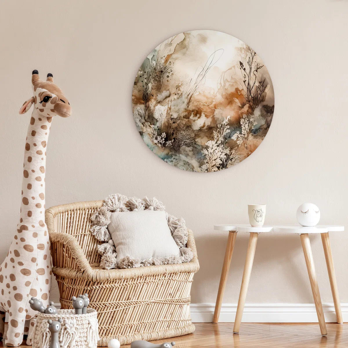 WallCircle® Wandcirkel 90x90 cm - Muurcirkel Abstract - Beige - Verf - Kunst - Natuur - Bloemen - Planten - Muurdecoratie cirkel woonkamer - Wanddecoratie slaapkamer - Kamer decoratie accessoires - Ronde schilderijen - Woonaccessoires