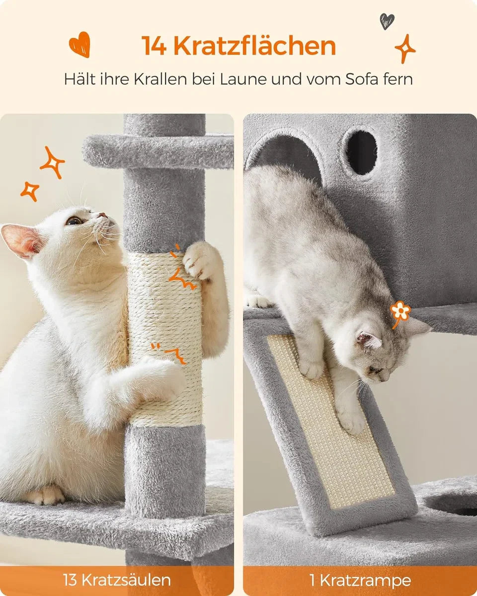 Scratching post, 206cm high scratching post with 13 scratching posts, 1 scratching ramp, 2 platforms, 2 caves, basket, hammock, pompoms, multi-level cat scratching post for large cats, Light Grey