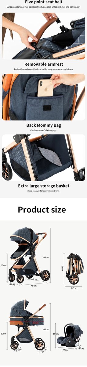 3-in-1 Kinderwagen - Luxe Buggy - Wandelwagen - Babywagen - Inclusief Maxi Cosi - Baby Stroller - Baby Autostoel - Inclusief Accessoires - Zwart - 42x45x103 cm.