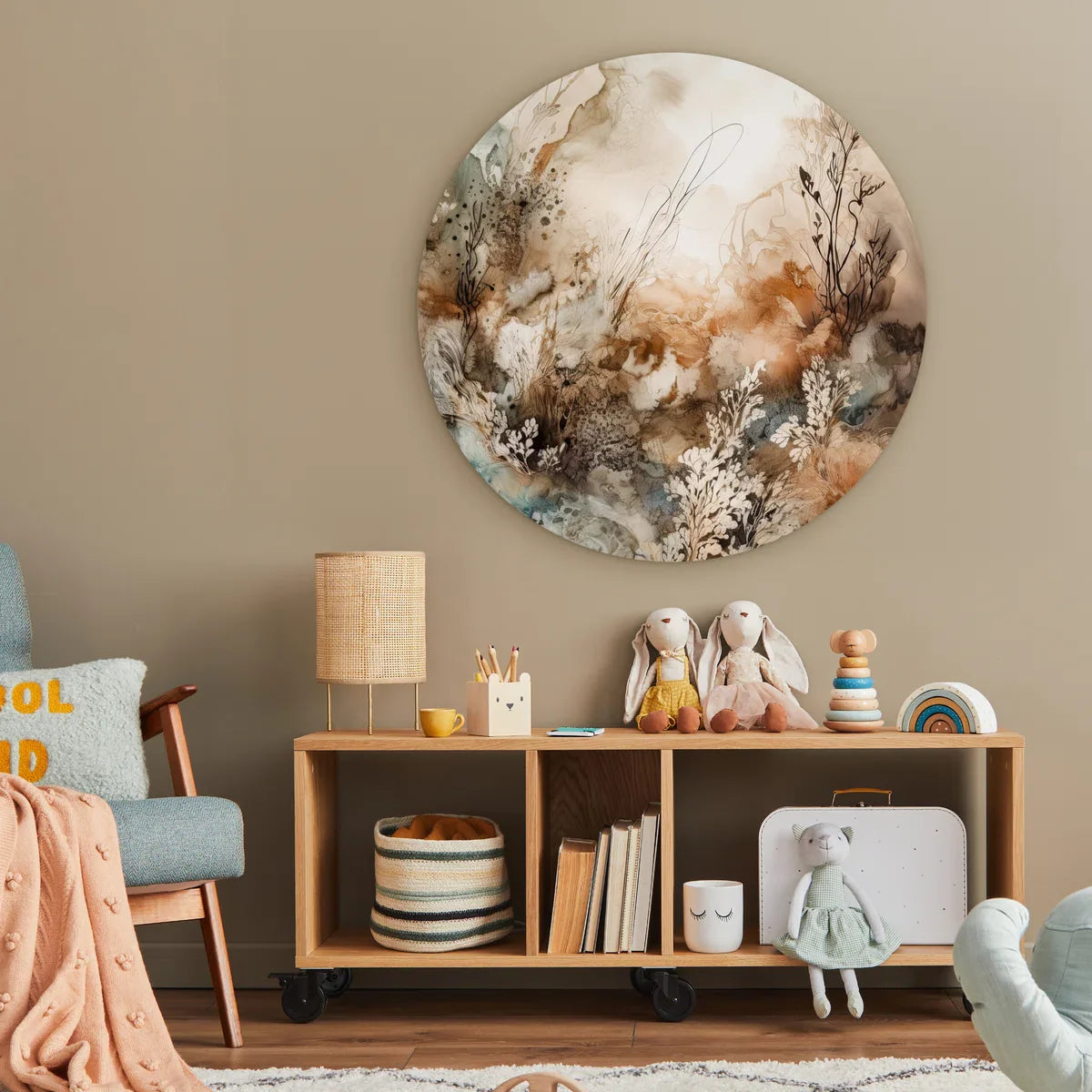 WallCircle® Wandcirkel 90x90 cm - Muurcirkel Abstract - Beige - Verf - Kunst - Natuur - Bloemen - Planten - Muurdecoratie cirkel woonkamer - Wanddecoratie slaapkamer - Kamer decoratie accessoires - Ronde schilderijen - Woonaccessoires