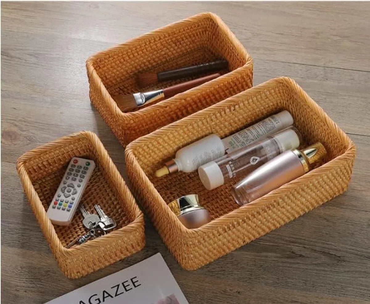 Natural Reed Storage Baskets, Rectangular Woven Fruit Baskets, Wicker Baskets Organizer for Bathroom, Living Room (Set of 3)
