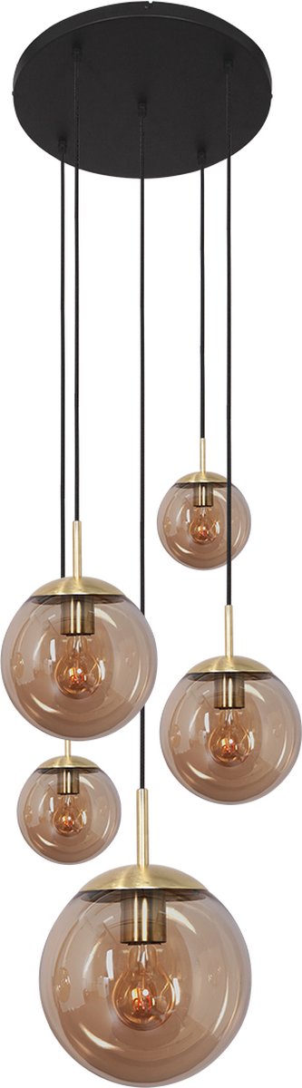 Glazen vide hanglamp Bollique | 5-lichts | amber / goud / zwart | glas / metaal | 350 cm lang | Ø 60 cm | eettafellamp | modern / sfeervol design