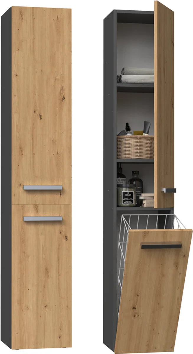 Bathroom furniture - Bathroom cabinet - Wall cabinet - Tall cabinet - High - With laundry basket - Anthracite-Oak Colour