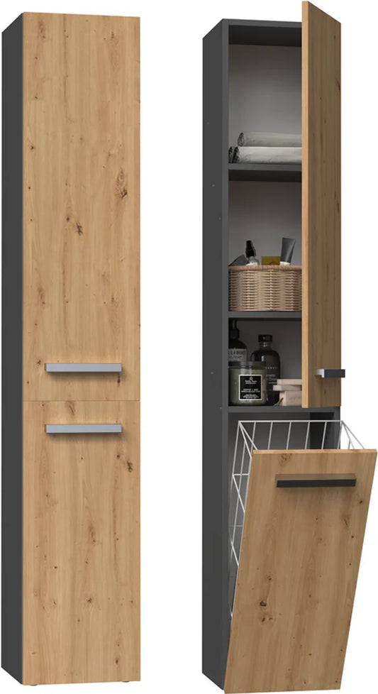 Bathroom furniture - Bathroom cabinet - Wall cabinet - Tall cabinet - High - With laundry basket - Anthracite-Oak Colour