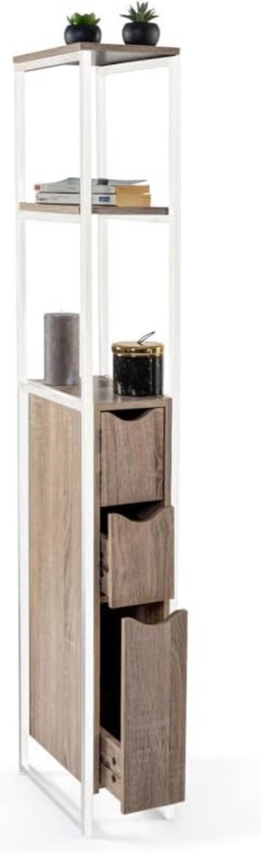 Toiletkast met 3 deuren, industrieel design, met metalen planken, wit