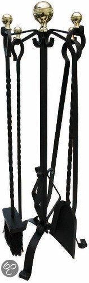 Fireside tools 4-piece - fireplace set - wrought iron - brass balls - black patinated