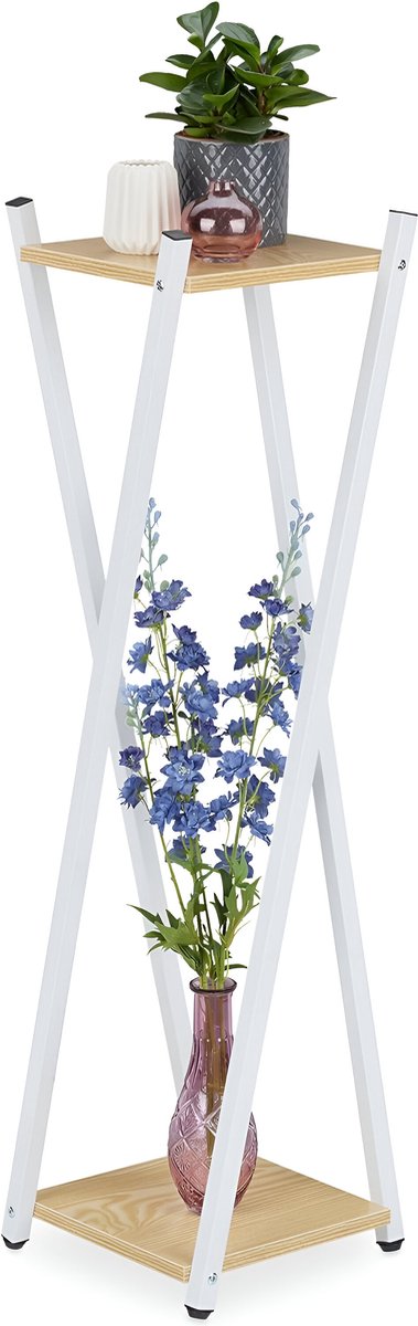 plantentafel binnen, 2 etages, houtlook, hoog, moderne plantenstandaard, HBD 99 x 29 x 29 cm, wit/lichtbruin