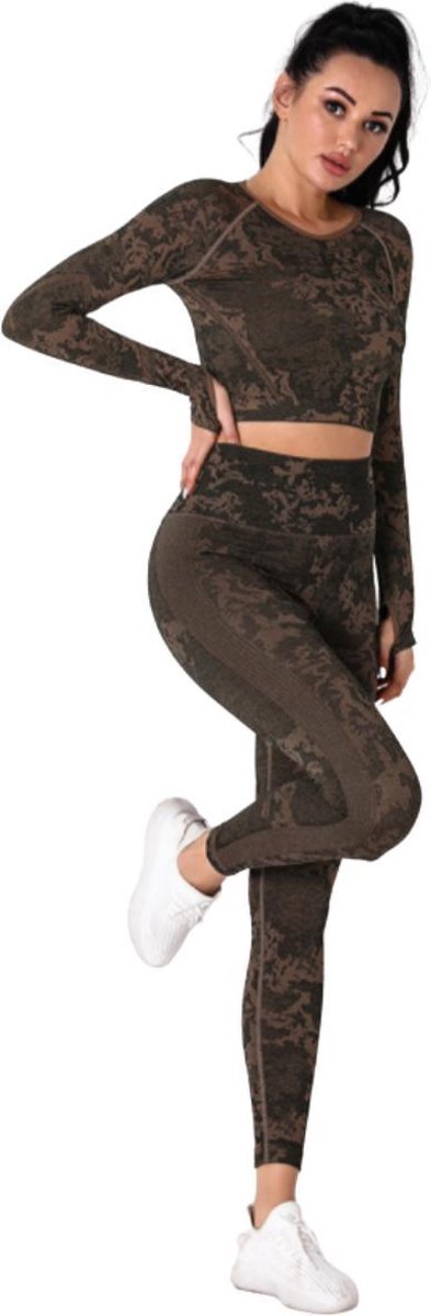 Sportoutfit - Sportkleding Set Dames - Yoga Kleding - Sport BH - Sportlegging Dames - Sport Top - High Waist Legging Dames - Camouflage Kleding - Dames Kleding - Panterprint - Luipaard - Legging & Shapewear Dames | Top + Legging | Goud | Maat S