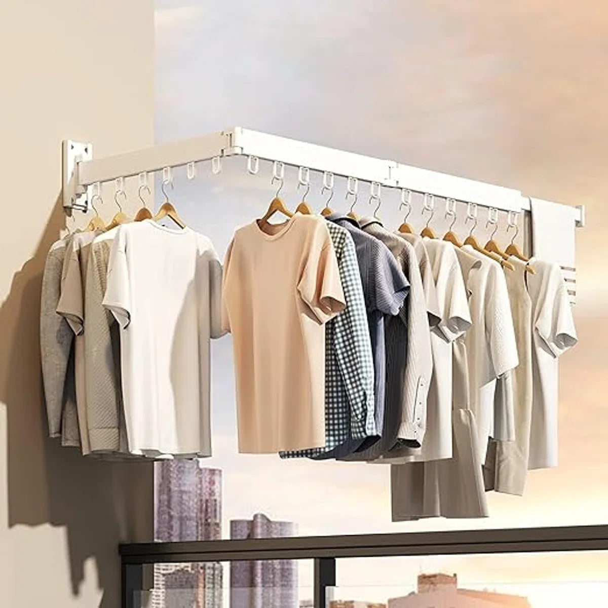 wall mounted drying rack, laundry drying rack, space-saving retractable clothes hanger rack, foldable clothes rack for balcony, laundry room, bathroom, patio (white)