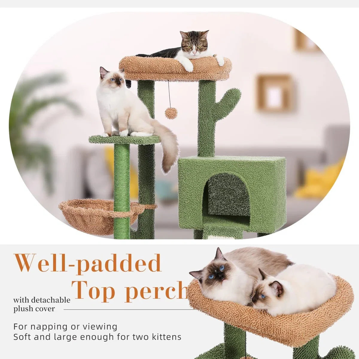 Cat Scratching Post 104 cm Modern Cactus Plush Cat Scratcher for Adult Cats with Larger Cave, Removable Top Bed, Dangling Ball, Sisal Rope, Green.