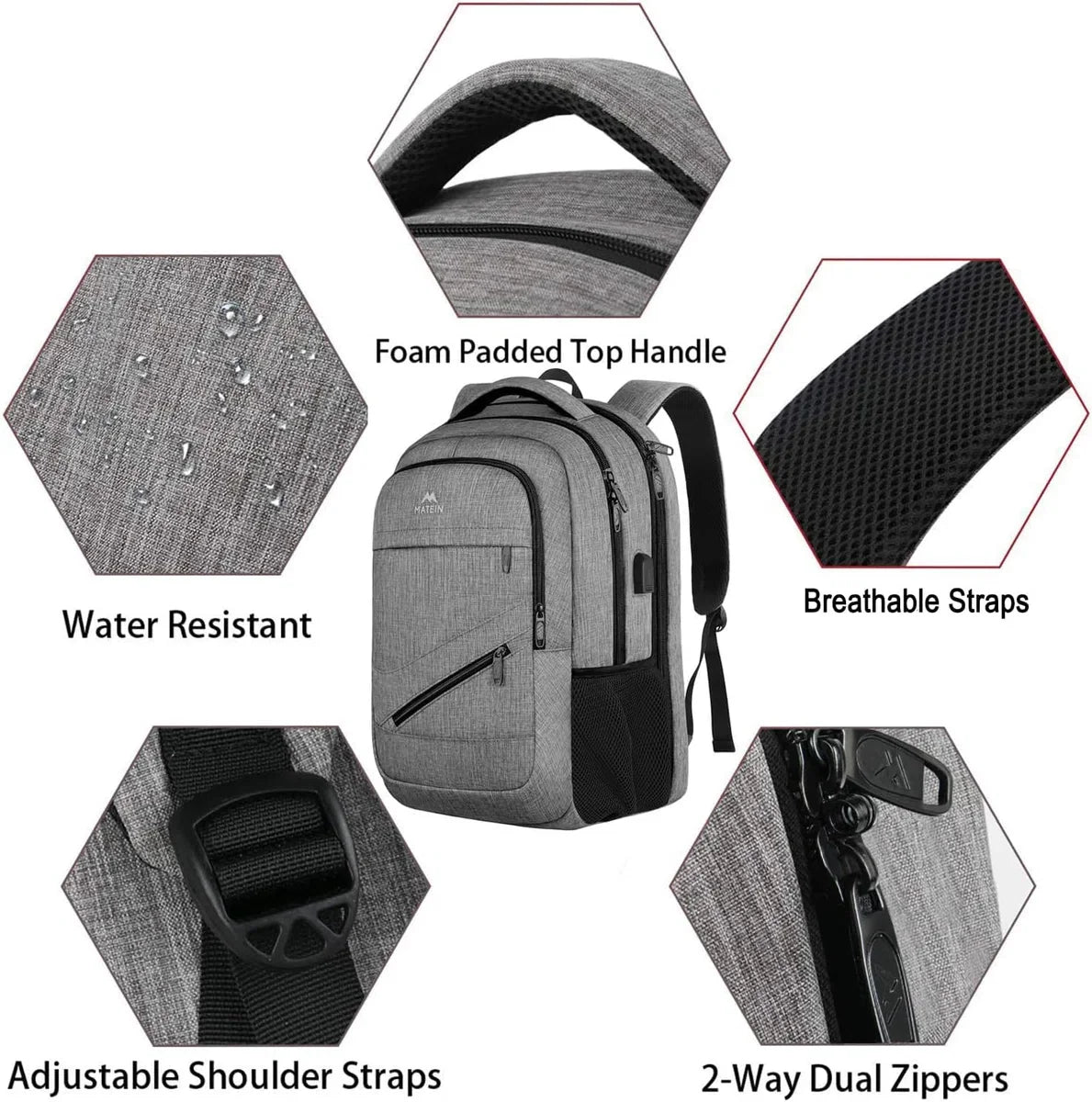 Travel Laptop Rugzak, TSA Grote Reistas voor Vrouwen Mannen, 17 Inch Zakelijke Vlucht Goedgekeurd Carry On Rugzak met USB-Lader Poort en Bagagemouw, MATEIN Duurzame College School Boekentas, Grijs