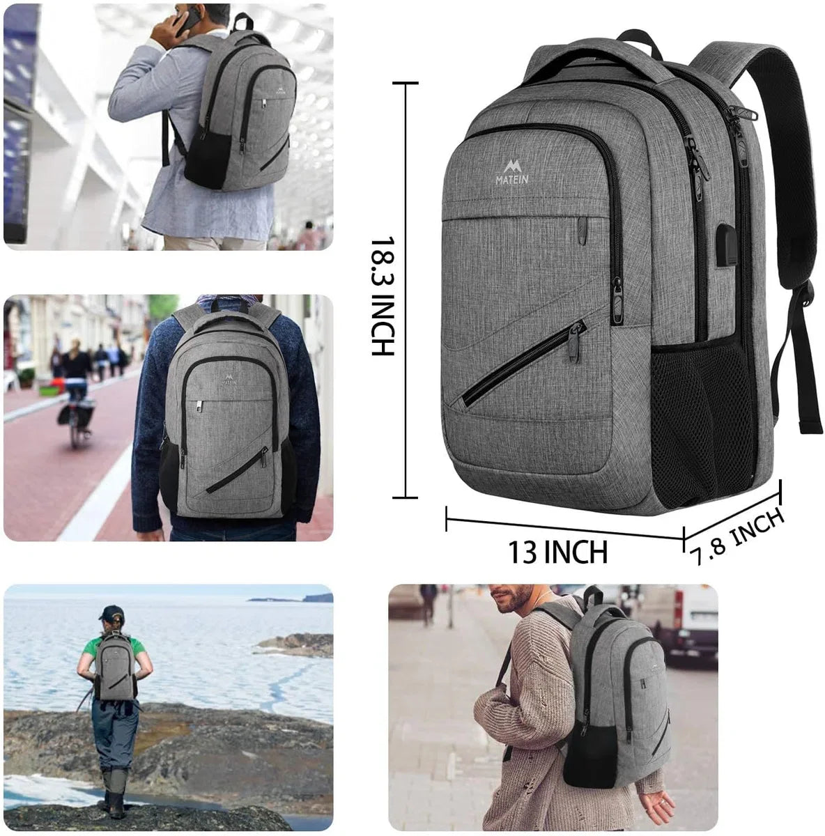 Travel Laptop Rugzak, TSA Grote Reistas voor Vrouwen Mannen, 17 Inch Zakelijke Vlucht Goedgekeurd Carry On Rugzak met USB-Lader Poort en Bagagemouw, MATEIN Duurzame College School Boekentas, Grijs