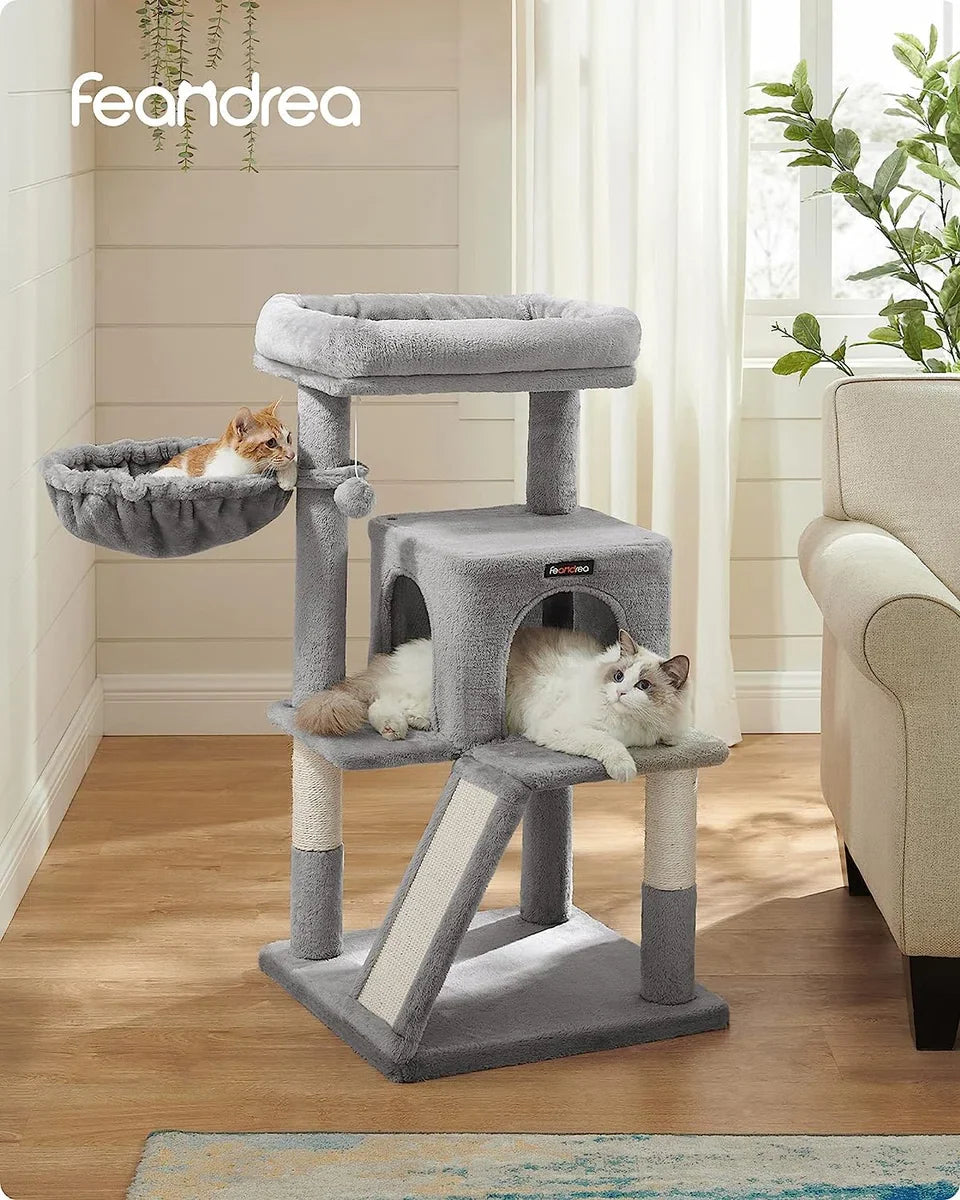 Large Cat Tree for Multiple Cats, Cat Condo with Hammock, Cat Scratching Post, 143 cm, Light Grey