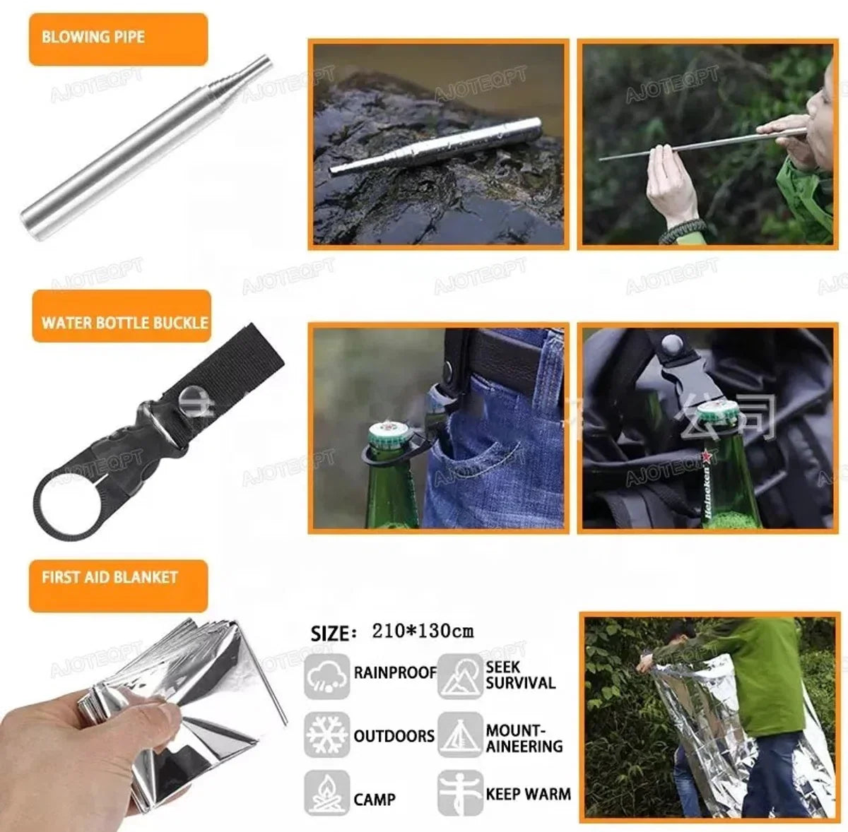 Noodpakket - Survival kit - Overlevingspakket - Outdoor kit - EHBO-kit - Kampeeruitrusting - Survivalset