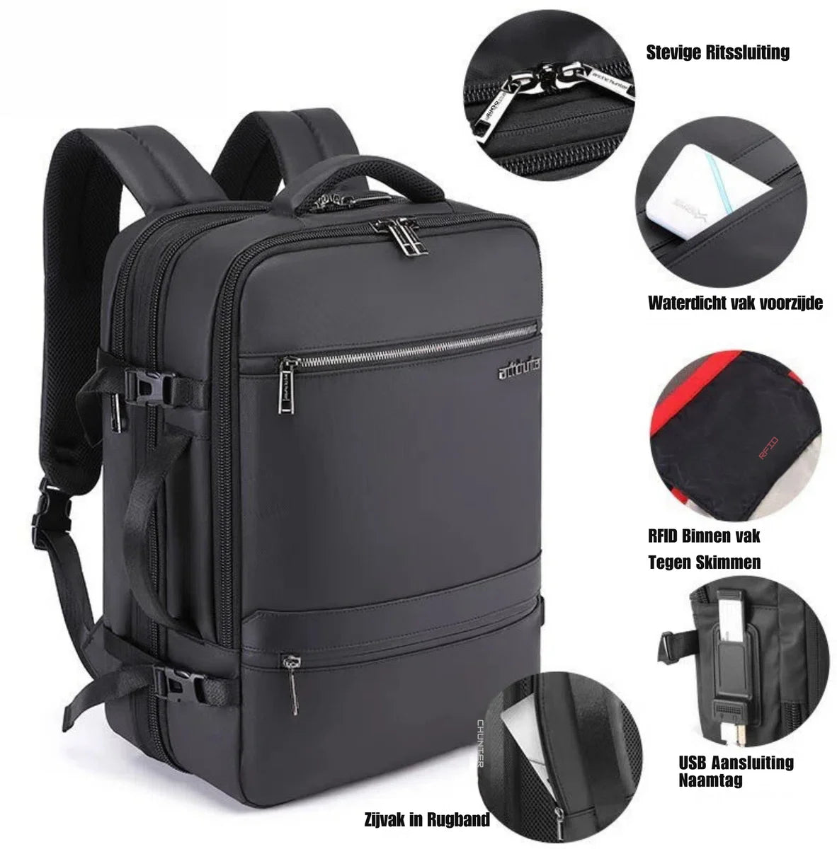 Arctic Hunter Backpack - Laptop Travel Bag - Backpack - Briefcase - 17 Inch - USB - Charging Station - Black - 32L