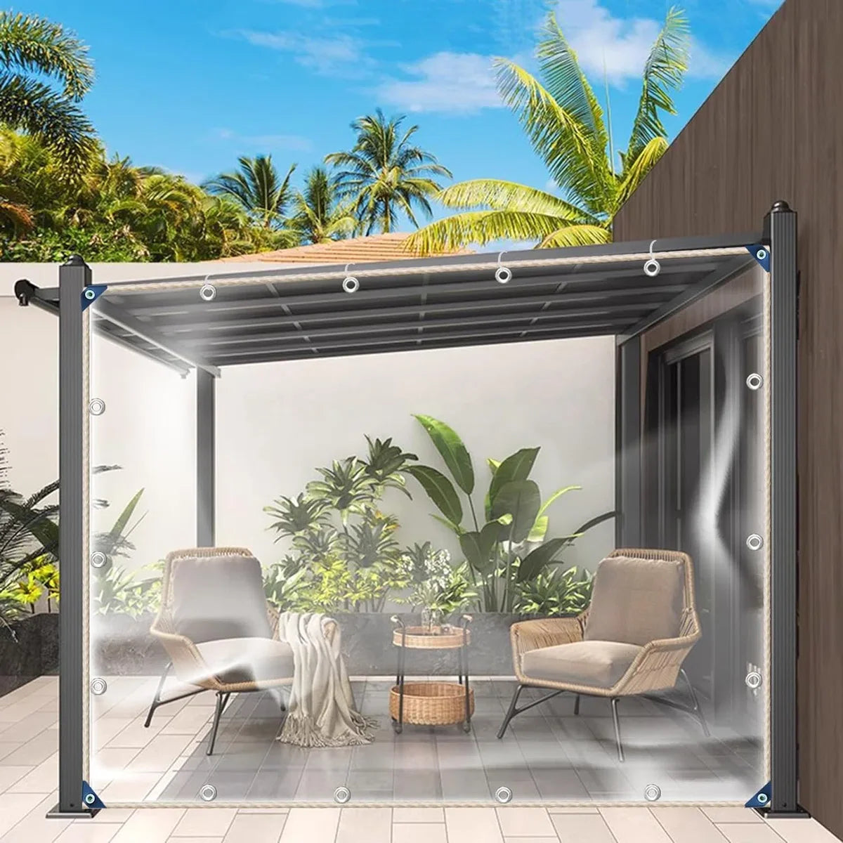 Transparant zeil, 2,4 x 4 m, met ogen, 0,3 mm, pvc, waterdicht, regenbestendig, afdekzeil, transparante afdekking voor paviljoen, balkon, tuinen, plantenkas, broeikas, hondenhok, dak - 2,4 x 4 m