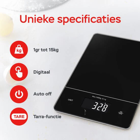 Kitchenwell Digitale Precisie Keukenweegschaal - Keukenweegschaal - 1gr - 15kg - Tarra Functie - Zwart