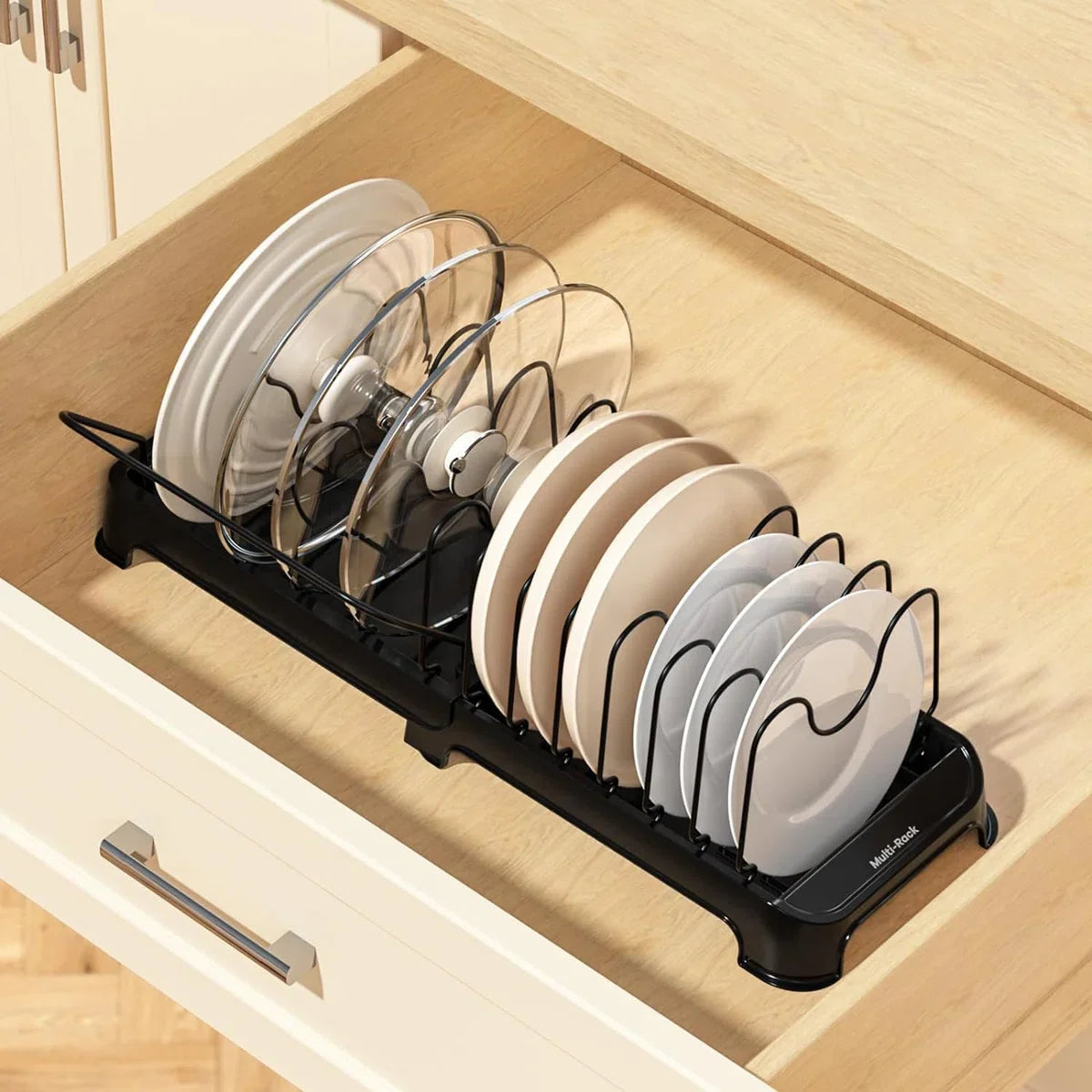 Expandable Cutting Board Racks Pot Lids Holders Pans Organizers Racks Bakeware Dishes Plates Storage Stand 12 Adjustable Compartments Kitchen Countertop Pantry Cabinet Under Sink, Black