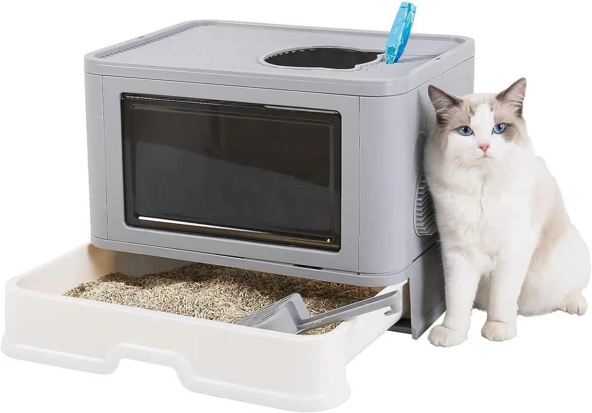 Covered Cat Litter Box - Large Opening - XXL Foldable Litter Tray - Scoop - Cat Brush - No Odor and Litter Tracking
