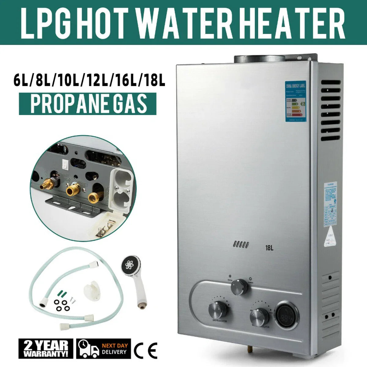 Propaan Geiser - LPG/Butaan Geiser - 18L - Regelbare Temperatuur & Gastoevoer - Ideaal Voor Camper - Caravan - Boot - Camping - Snel Heet Water - Inclusief Douche