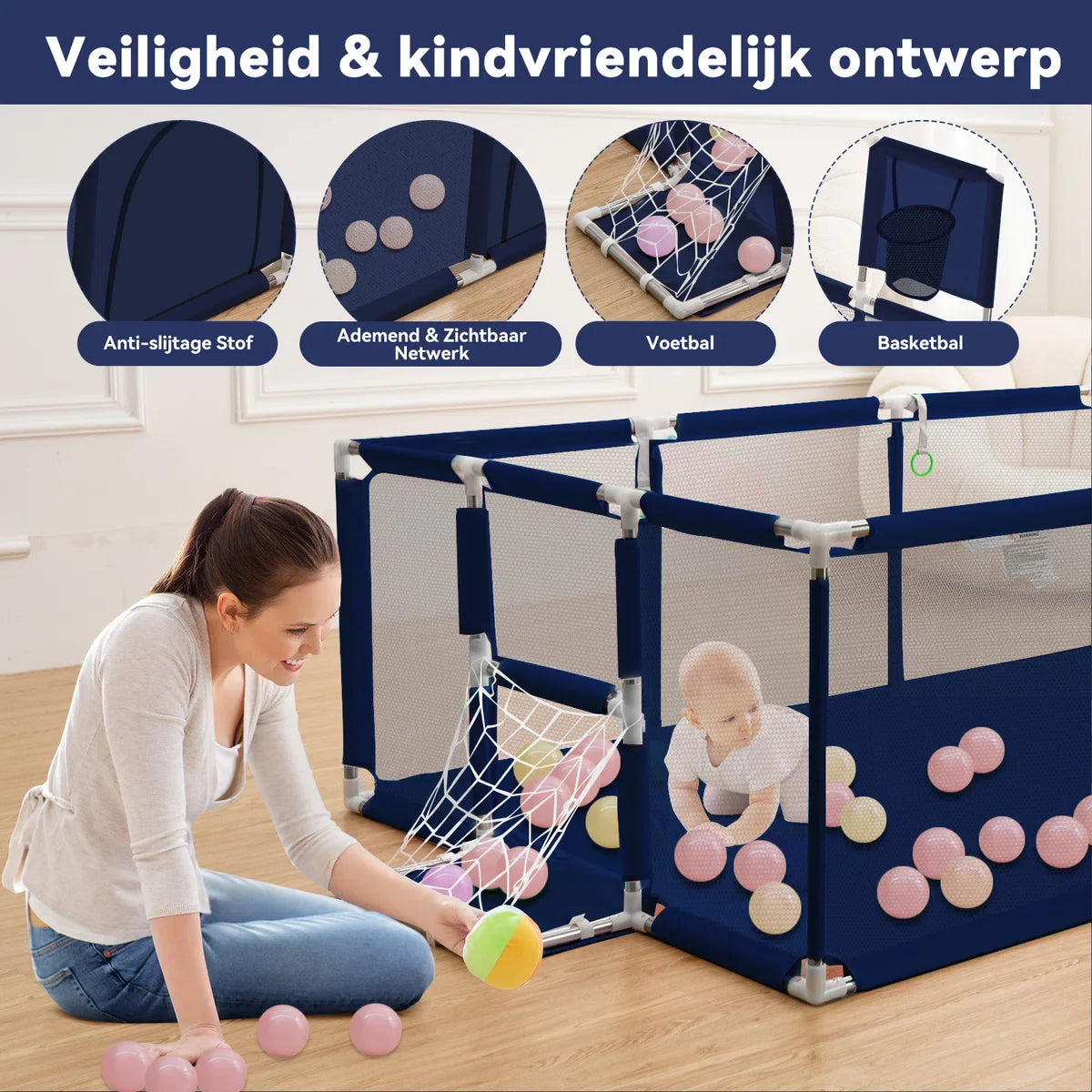 Grondbox - Baby Speelbox - 181x122cm Rechthoekig Groot Formaat Met Basketbalkorf - Blauw