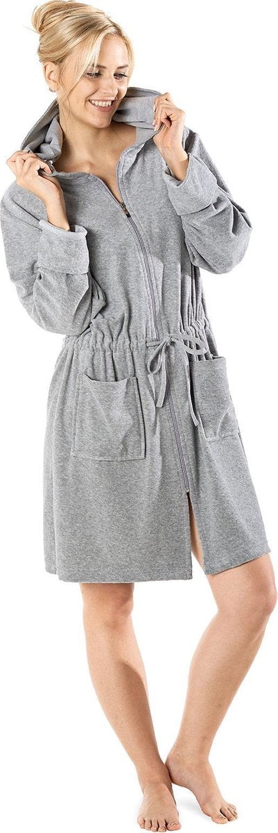 Badjas met rits dames kort – met capuchon – lichtgewicht – dun – sauna - grijs - maat L