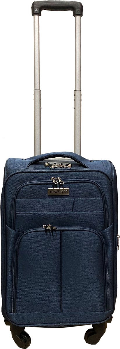 Handbagage reiskoffer met wielen softcase 42 liter - met cijferslot - expandeerbaar - voorvakken - blauw