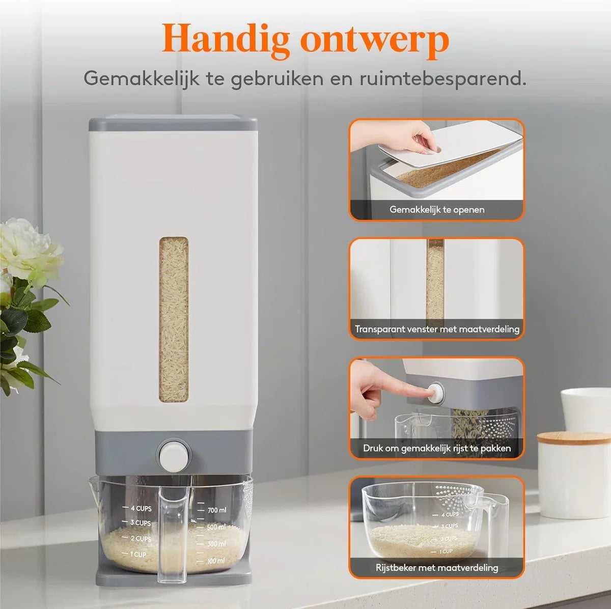 Rijst Dispenser 11.5 kg - Opslag Containers Vochtbestendige Emmer - Maatbeker Graan Meel Soja - Keuken Voorraadkast Huishouden BPA-Vrij rijstdoseerder
