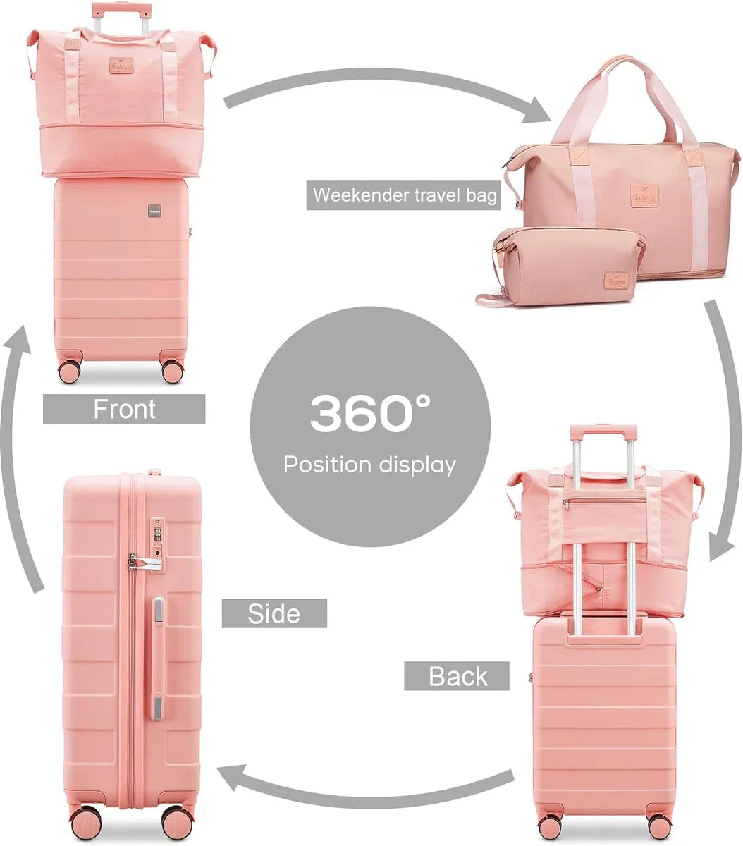 3-delige bagagesets, koffer met spinnerwielen, bagageset voor dames, lichtgewicht koffer met wielen, bagage met TSA-slot, roze