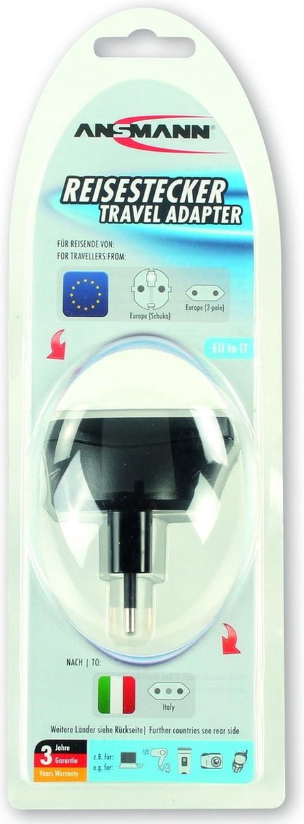 Reisadapter EU naar VK | ANSMANN Schuko reisstekker met beschermingsklasse EU naar IT zwart 1 Stuk