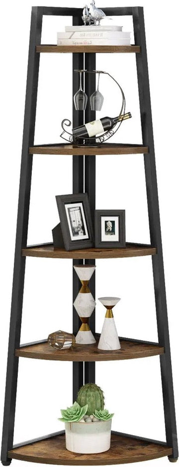 Boekenkast - Hoekmodel - Boekenrek - Boekenplanken - Metalen Frame - 5 Houten planken - Opbergplanken - B 65,91cm x D 24,99cm x H 179,58cm