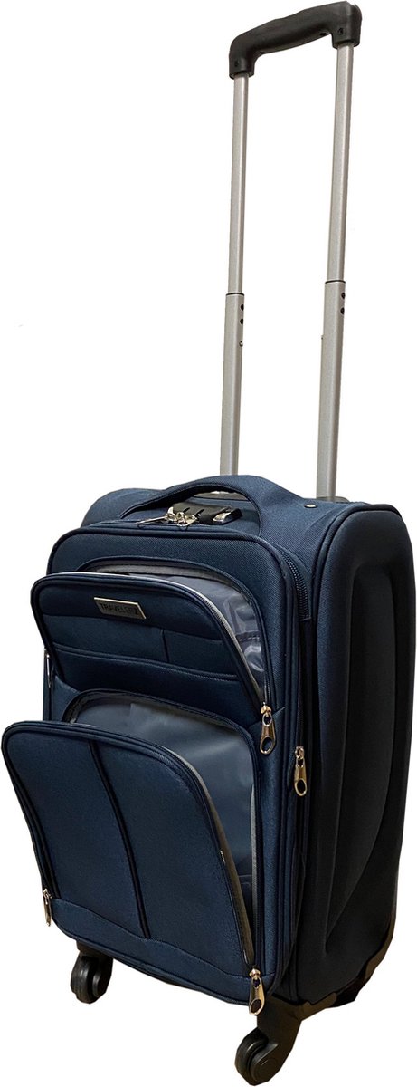 Handbagage reiskoffer met wielen softcase 42 liter - met cijferslot - expandeerbaar - voorvakken - blauw