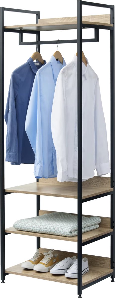 J&R Kapstok - Garderobe - Garderoberek - Kast - Kapstok staand - Kapstok met schoenenrek - Kledingrek - Eikenhout - Zwart metaal - 56x36x170