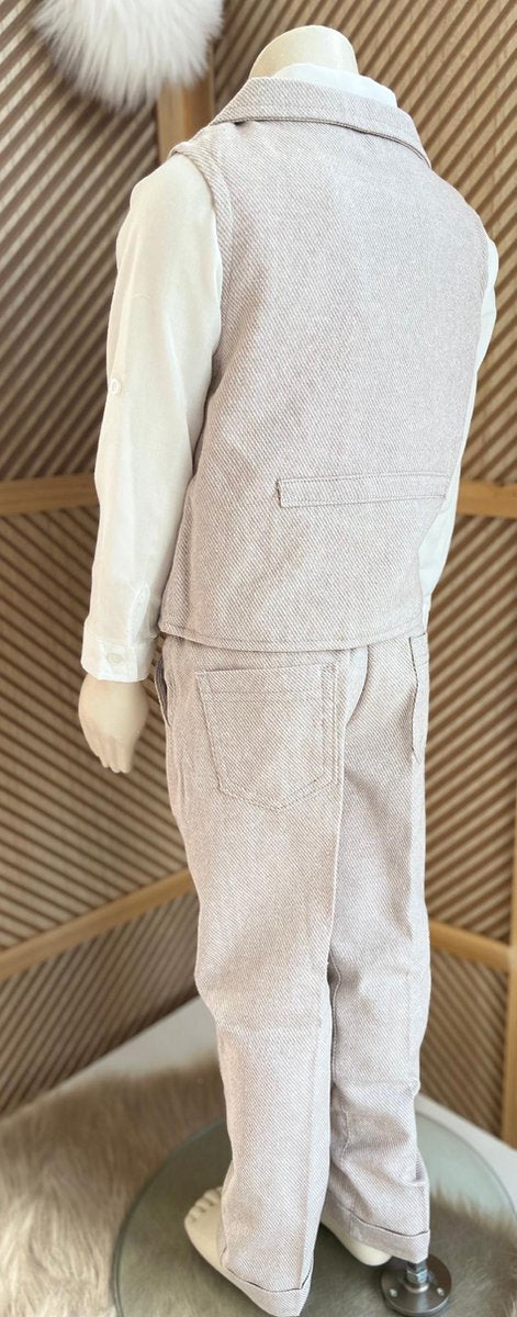 luxury boys suit-children's suit-children's costume-3 piece set -cream white shirt, beige waistcoat and trousers, camel bow tie-groomsmen-wedding-party-birthday-photoshoot- 5 years