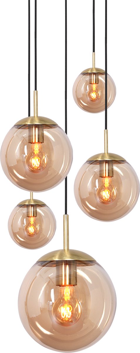Glazen vide hanglamp Bollique | 5-lichts | amber / goud / zwart | glas / metaal | 350 cm lang | Ø 60 cm | eettafellamp | modern / sfeervol design