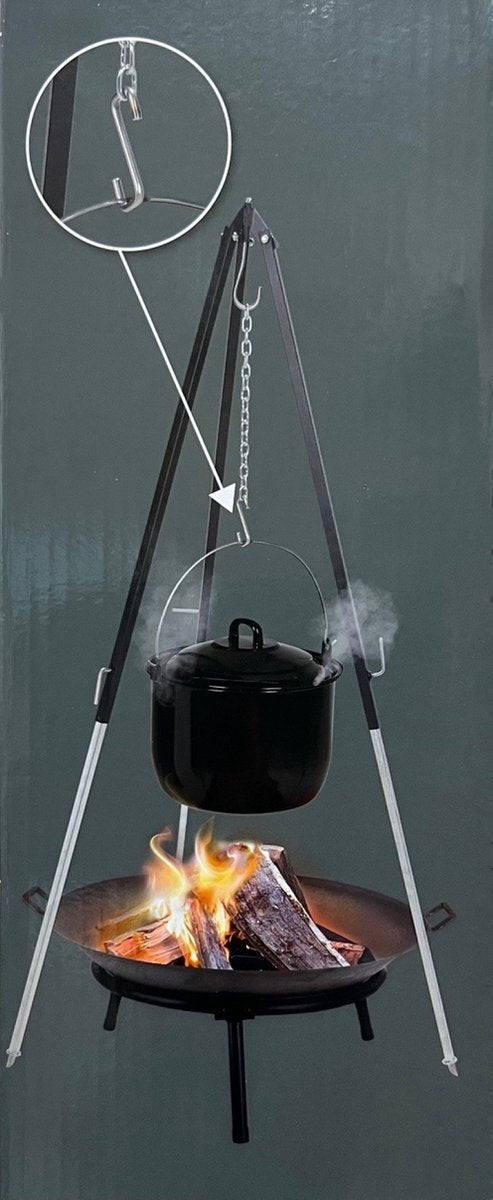 Tripodstandaard voor Dutch Oven - 150 cm H - incl. ketting en haak voor bevestiging van de Dutch oven