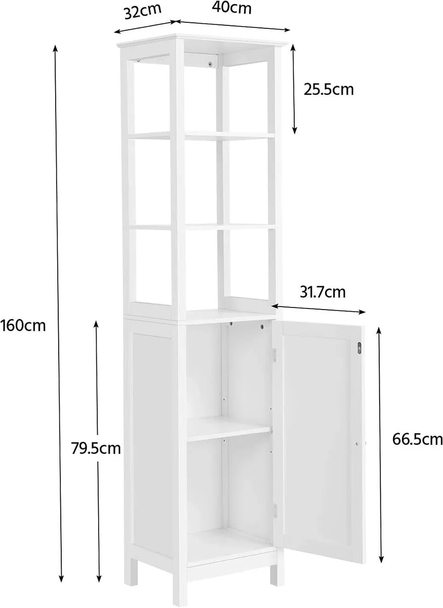 Hoge kast, badkamerkast, staand rek, badkamerrek, met 3 open vakken, verstelbare plank, voor badkamer, woonkamer, keuken, 160 cm hoog, wit