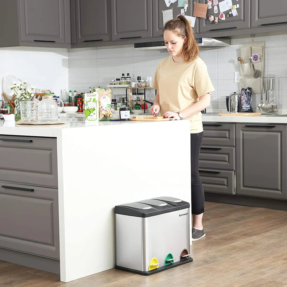Kitchen waste bin, 3-in-1 waste bin, 24 litre, waste separation, metal pedal bin, waste separation system, robust, easy to clean, steel, silver