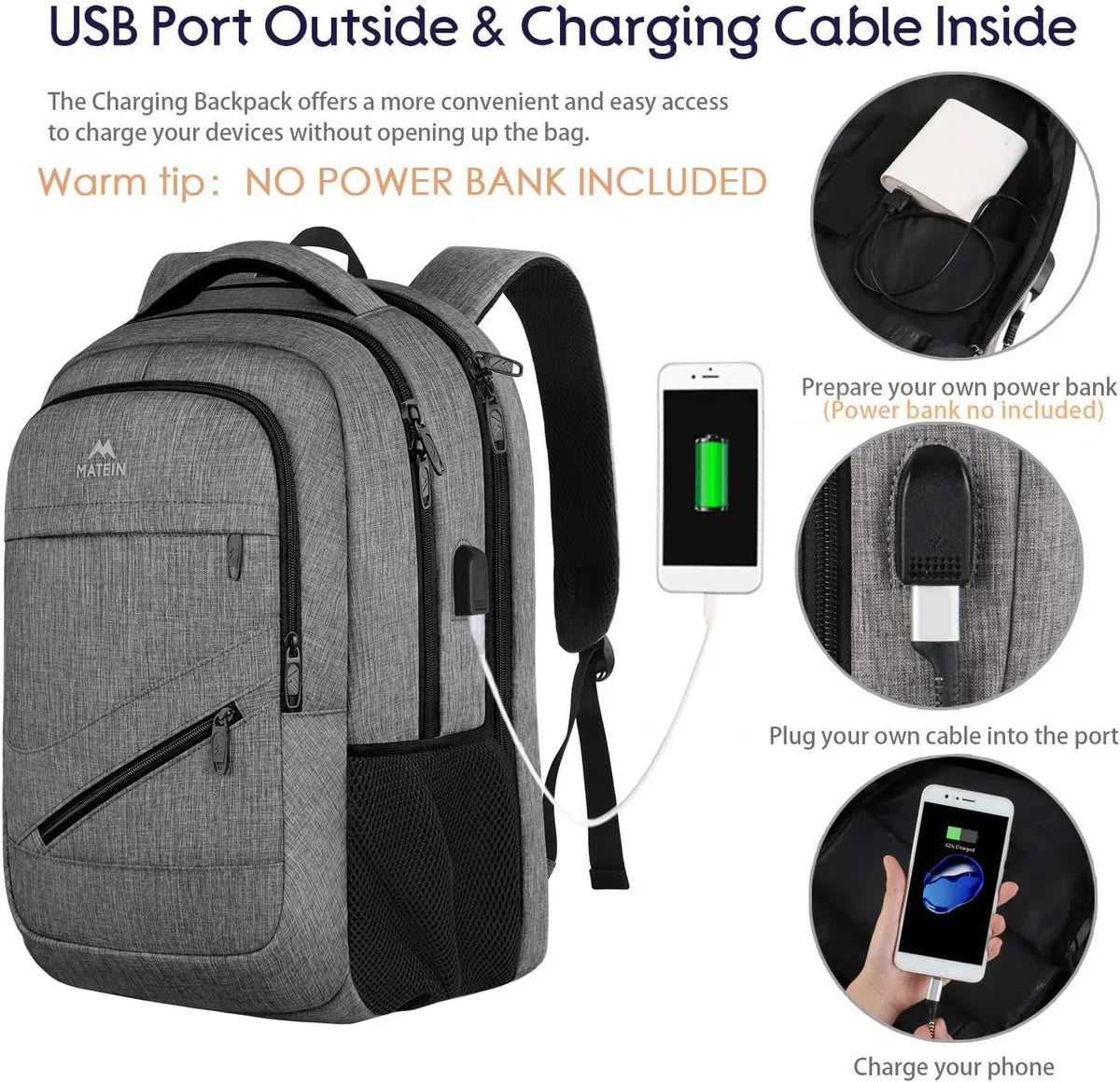 Travel Laptop Rugzak, TSA Grote Reistas voor Vrouwen Mannen, 17 Inch Zakelijke Vlucht Goedgekeurd Carry On Rugzak met USB-Lader Poort en Bagagemouw, MATEIN Duurzame College School Boekentas, Grijs