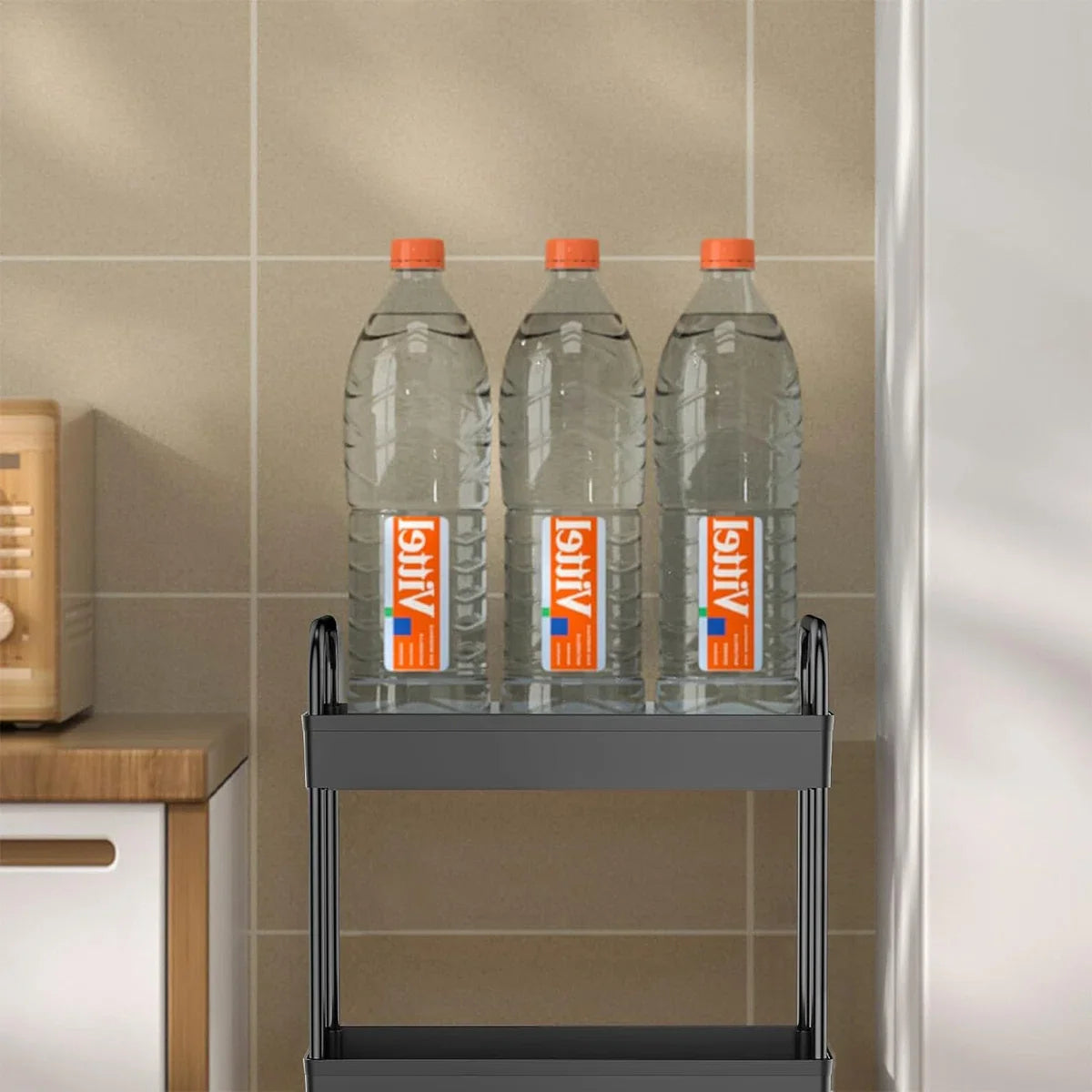 3-laags keukenwagen, serveerwagen, opbergwagen, verrijdbare snackwagen, badkamerwagen, multifunctionele trolley met handvat, haken, rolwagen, nisrek op wielen, voor keuken, slaapkamer