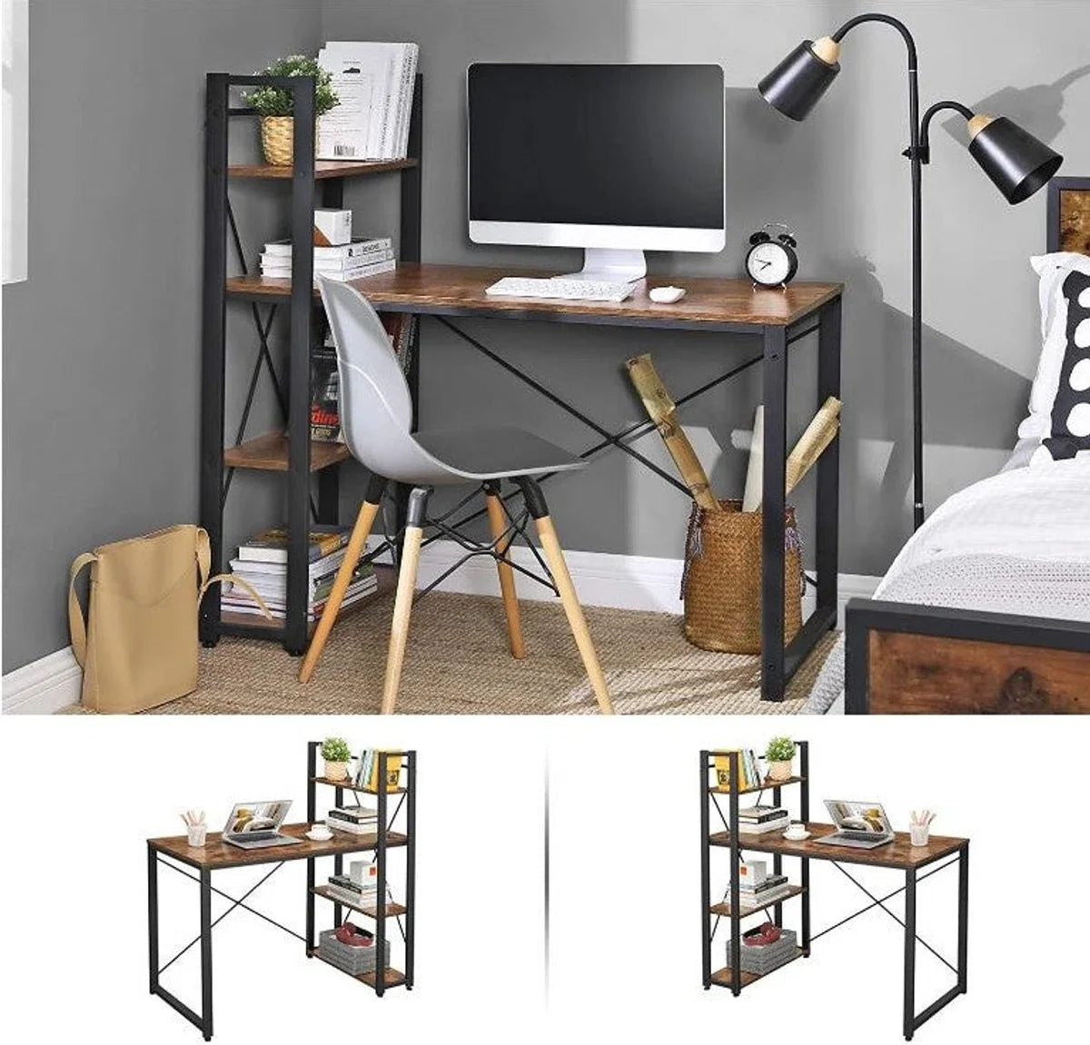 Mazazu - Desk - Computer Desk with Shelves - Home Office - Industrial - Vintage - Brown/Black - 60x120x76/120