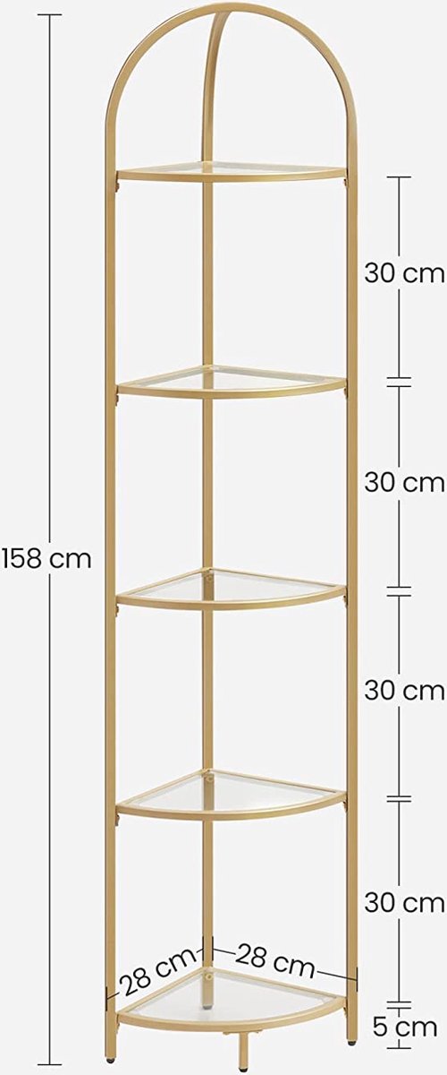 Corner Shelf Bookcase Standing Shelf Metal Frame Tempered Glass Shelves Rustproof Living Room Bedroom Kitchen Bathroom Modern Gold